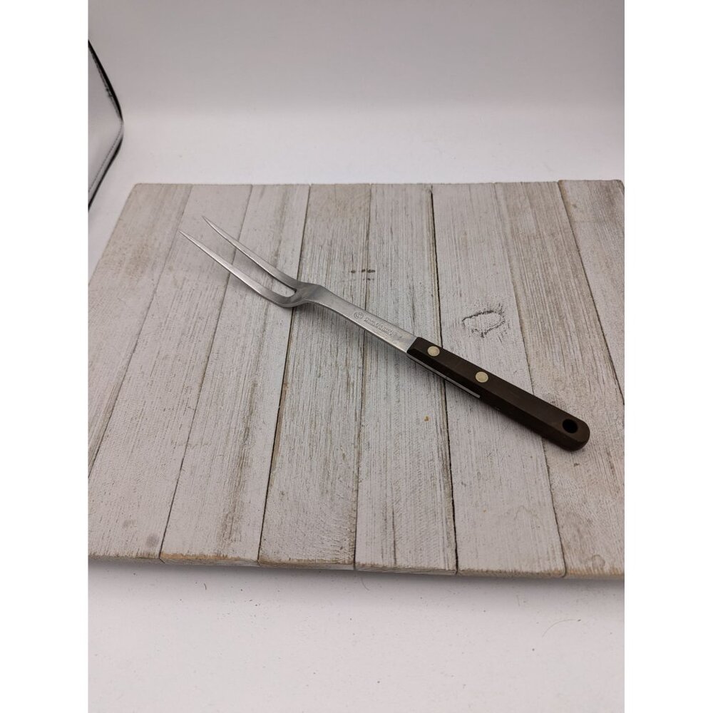 Vintage MW Meat Turning Fork 12" Brown Rubber Handle Stainless Montgomery Ward